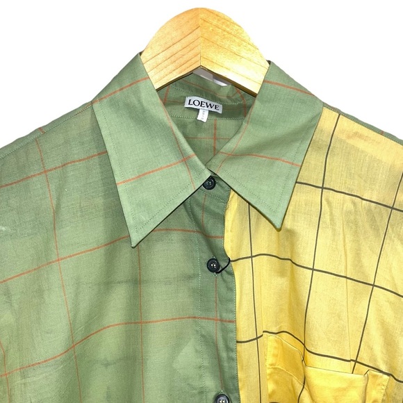 LOEWE Check Wrap Shirt Blouse Green Yellow Plaid Tunic IT 40 US 4 Cotton Silk - Picture 4 of 12